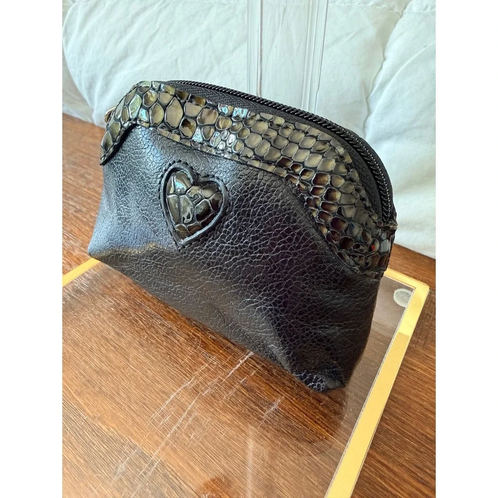 Brighton Black Leather Croc Trim Heart Cosmetic Pouch Leopard Lining